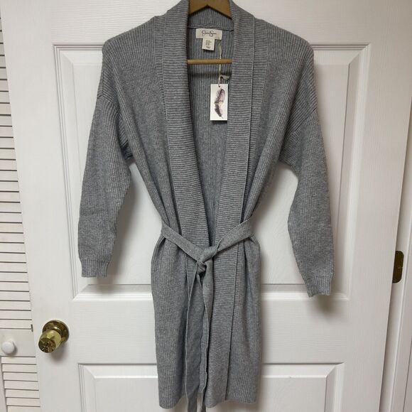 Jessica Simpson Cardigan Sz XS Gray Ultra Soft Open‎ Front Tie Belt Pockets Long - Picture 1 of 8